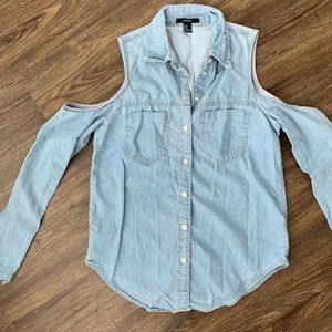 Cut Out Shoulder Chambray Shirt